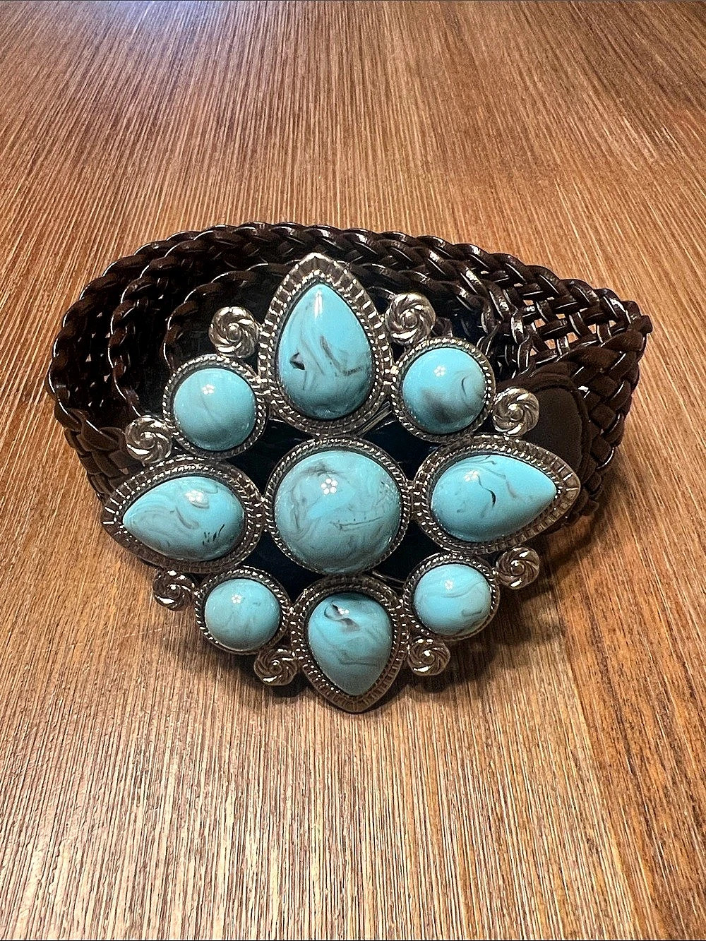 Turquoise Statement Buckle Brown Woven Belt